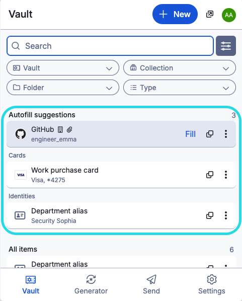 Bitwarden official browser extension with highlighted autofill suggestions and example accounts