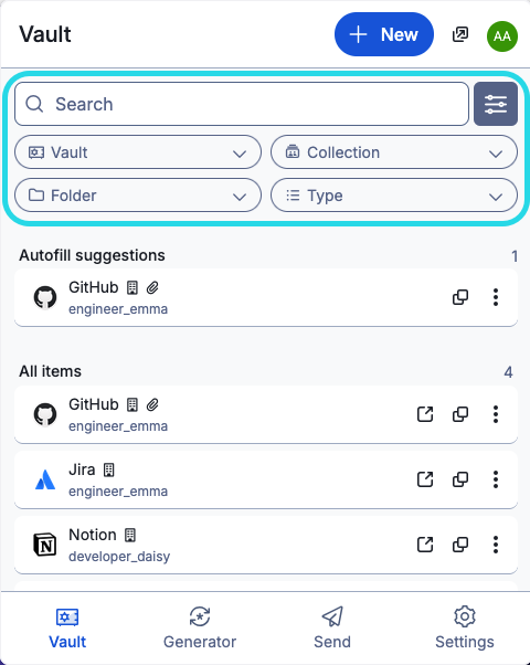 Bitwarden’s official browser-extension screenshot highlighting vault search and filters