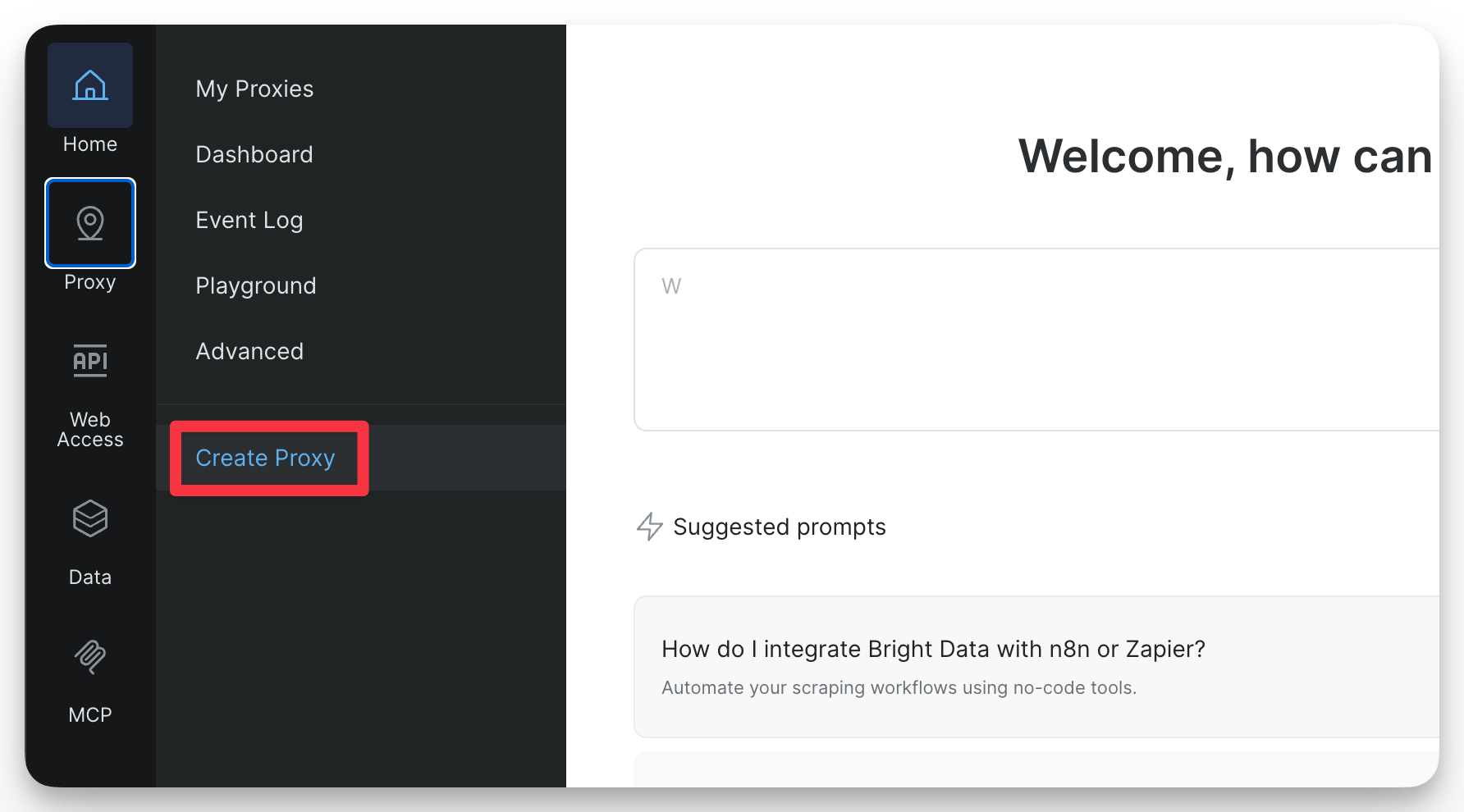 Official Bright Data documentation screenshot with Create Proxy highlighted in the control-panel navigation.