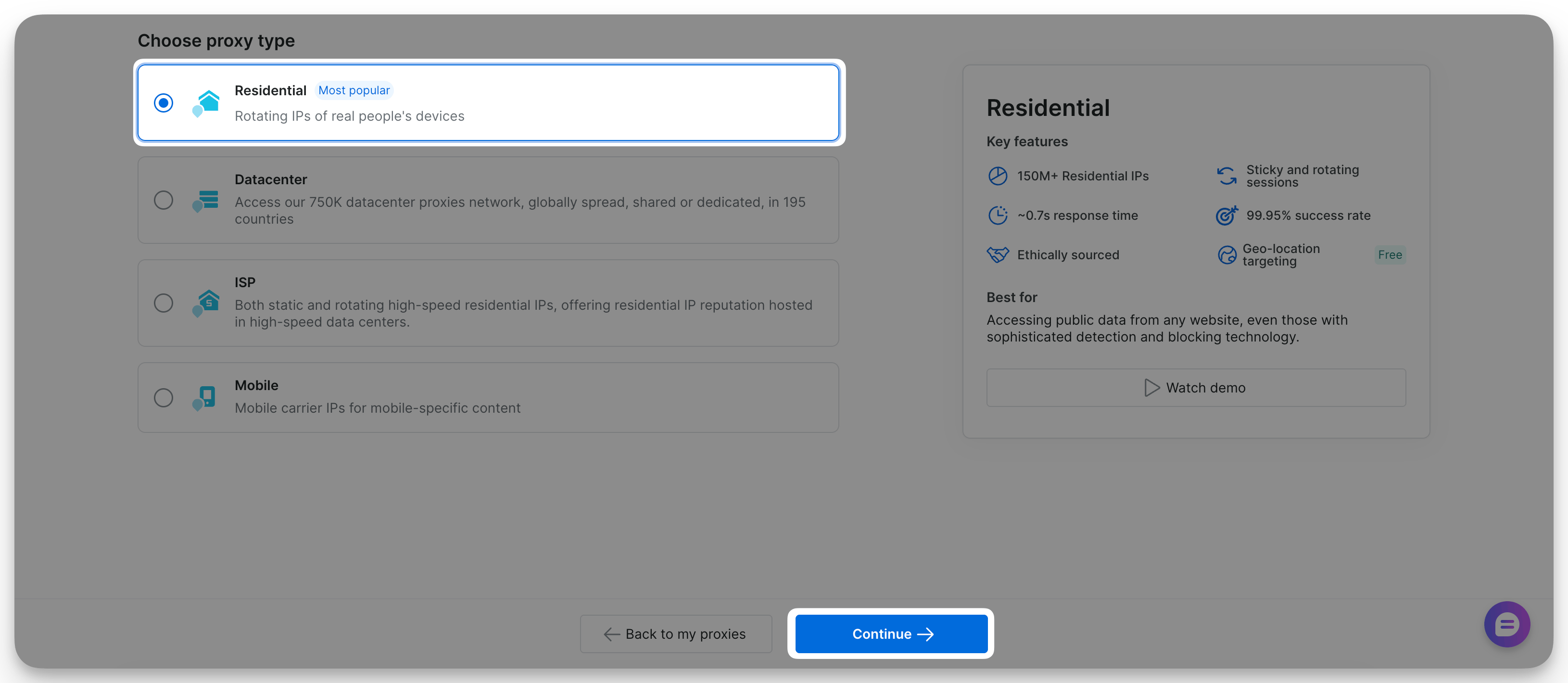 Official Bright Data documentation screenshot showing Residential selected in the proxy-type chooser.