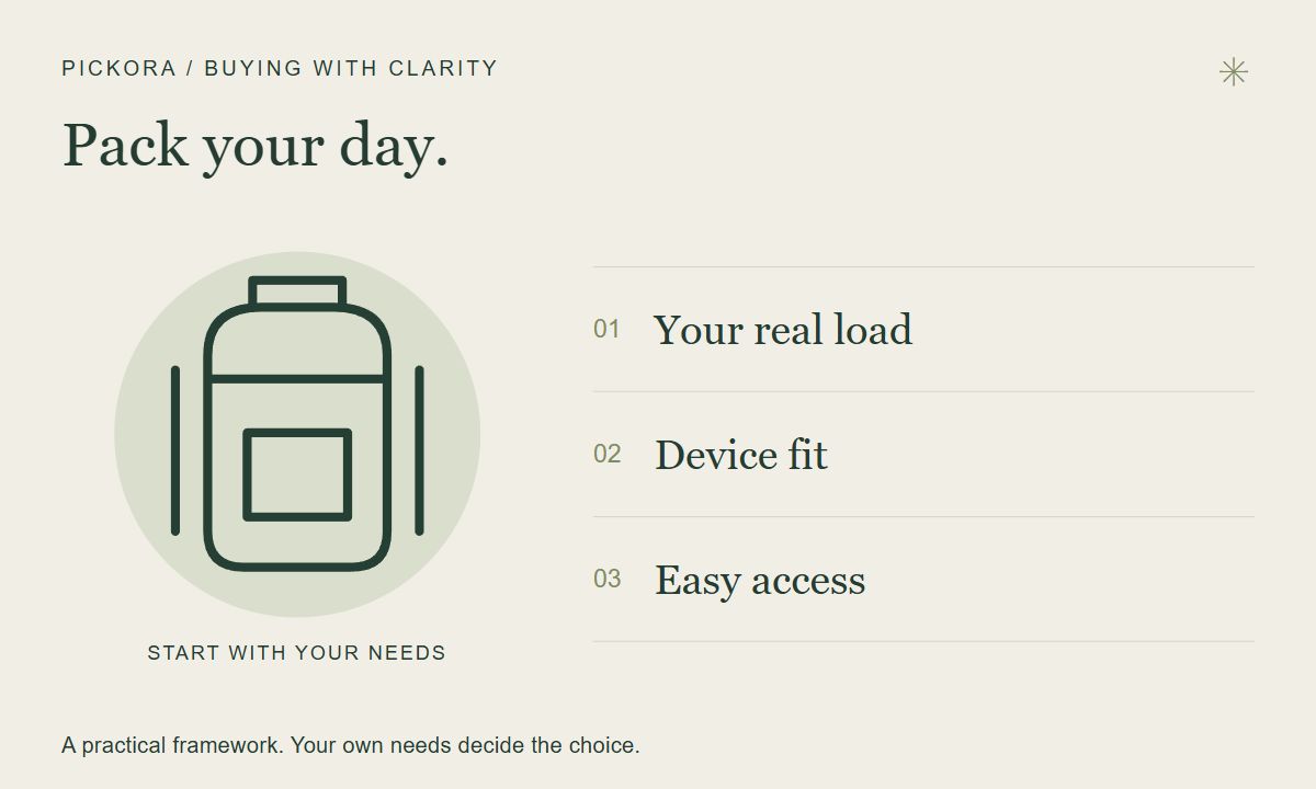 Pickora editorial illustration: Pack your day. Your real load, Device fit, Easy access