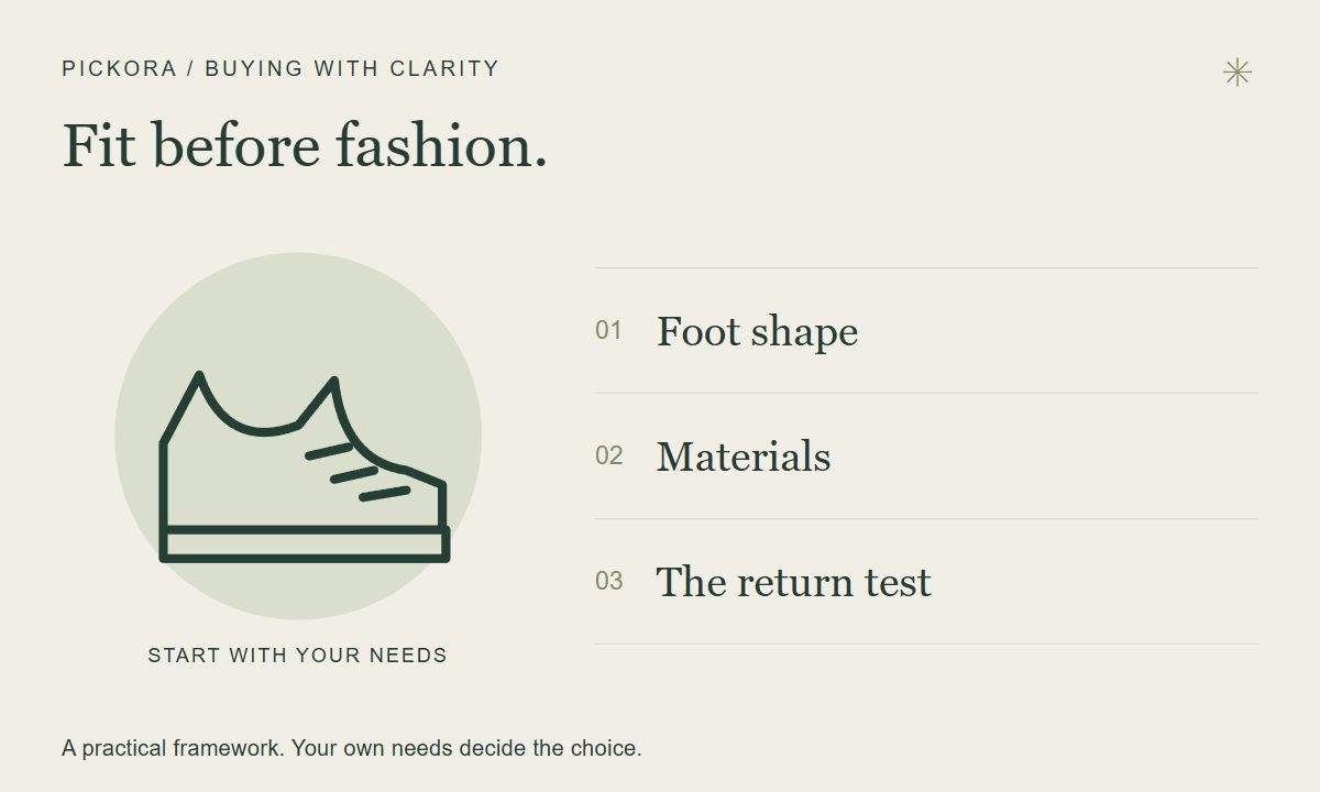 Pickora editorial illustration: Fit before fashion. Foot shape, Materials, The return test