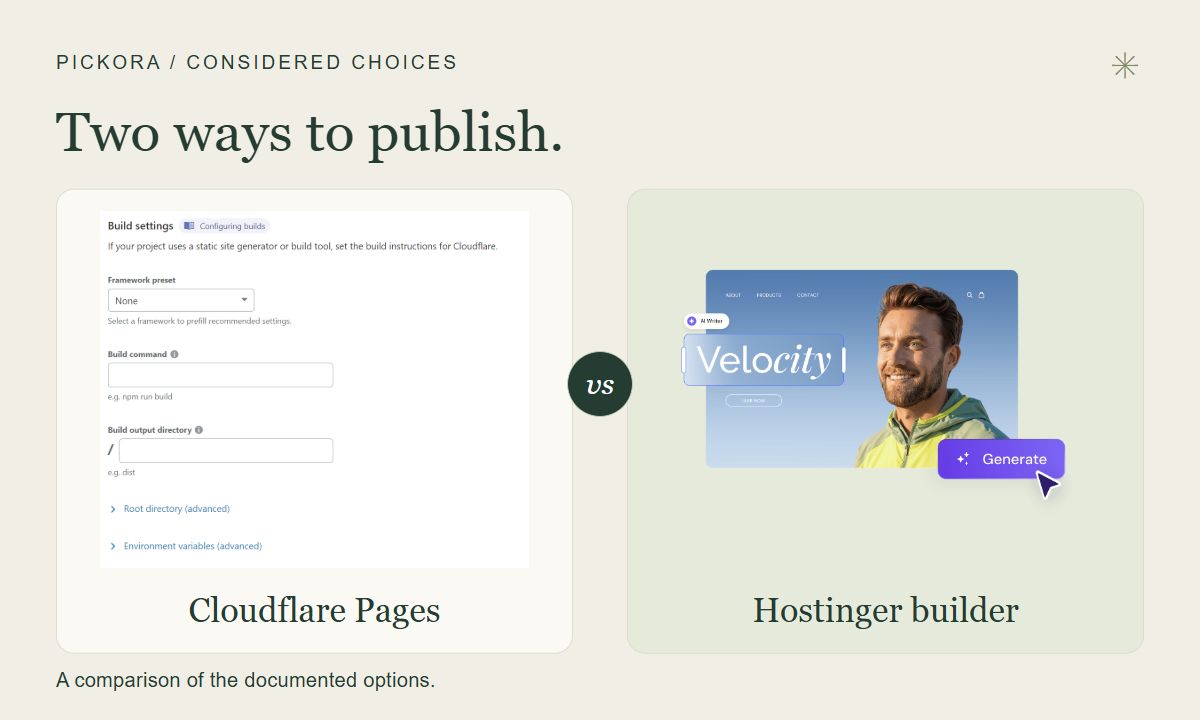 Pickora editorial comparison: Cloudflare Pages and Hostinger builder, shown together using official product images
