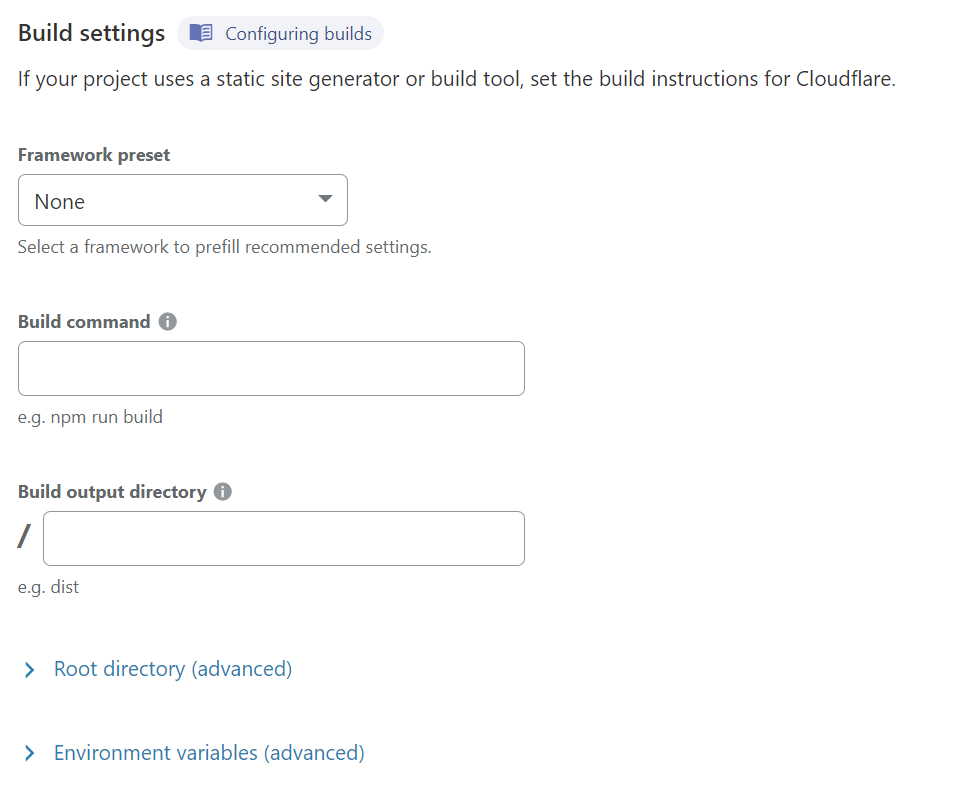 Cloudflare Pages documentation screenshot showing framework, build command and output directory settings