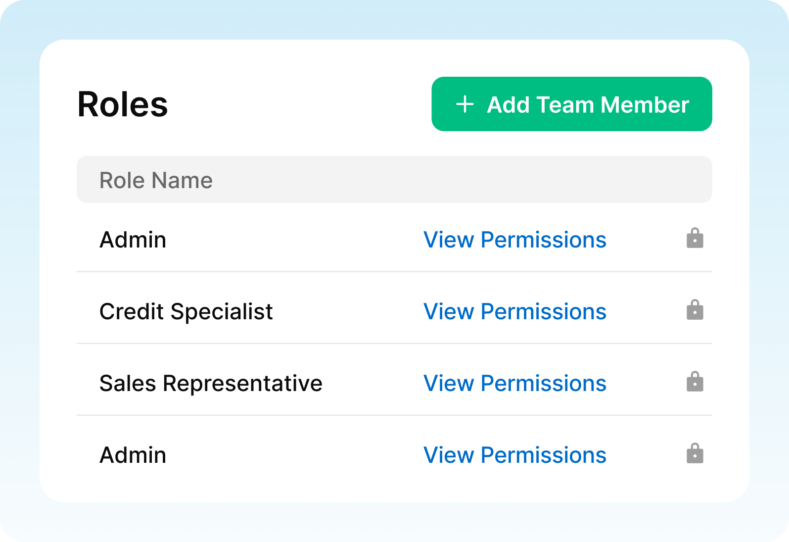 Official Credit Repair Cloud Roles visual showing Admin and Credit Specialist roles with View Permissions links.