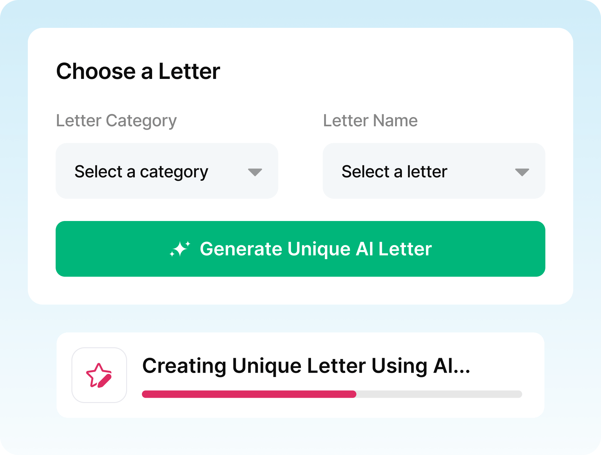 Official Credit Repair Cloud Letters by AI visual showing category and letter selectors and an AI generation control.