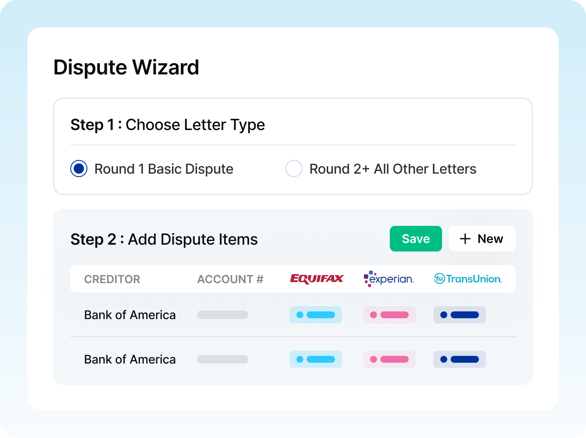 Official Credit Repair Cloud Dispute Wizard visual showing letter-type selection and dispute items grouped by credit bureau.