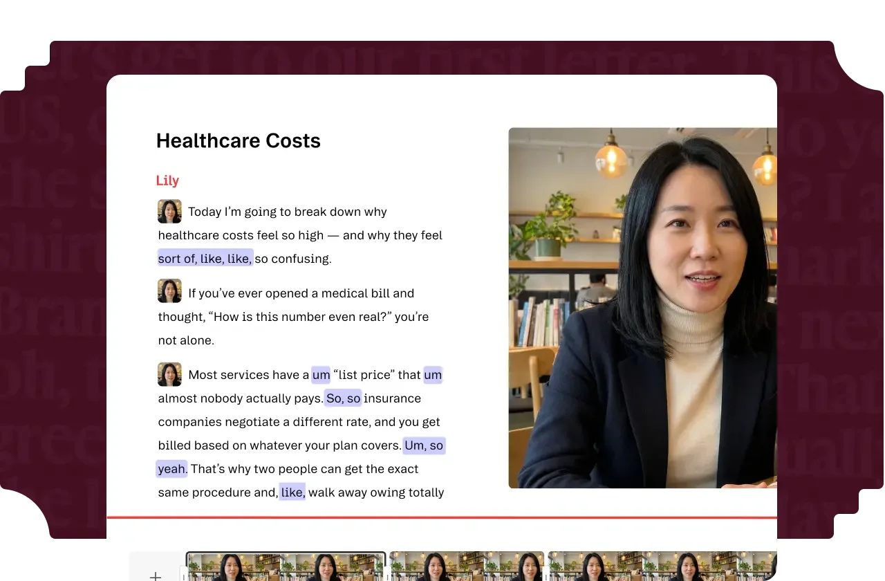 Official Descript illustration with transcript highlights beside a presenter and video timeline