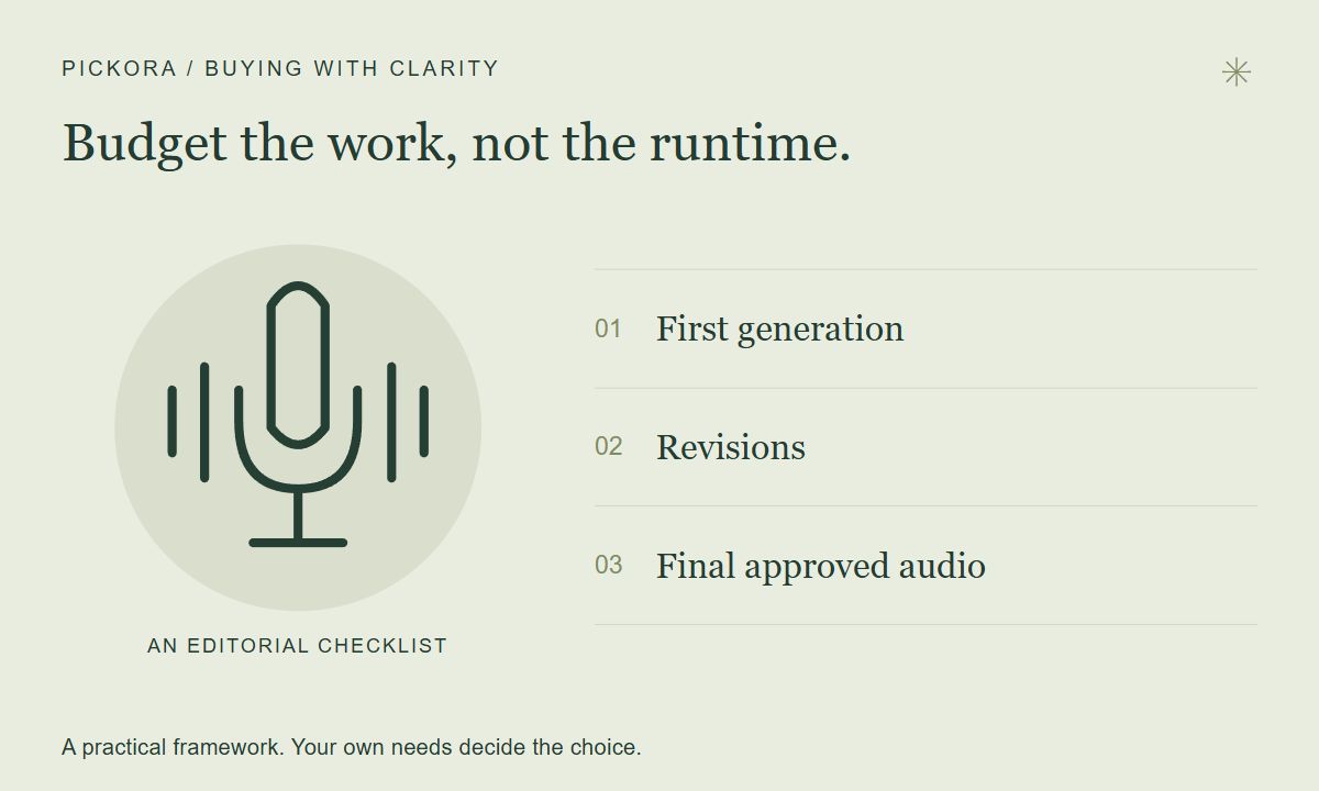 Editorial budget checklist separating first generation, revisions and approved audio