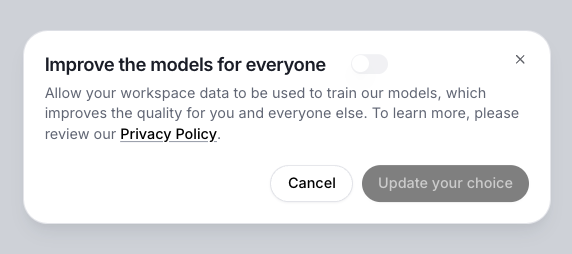 ElevenLabs data-use dialog with the model-improvement toggle switched off