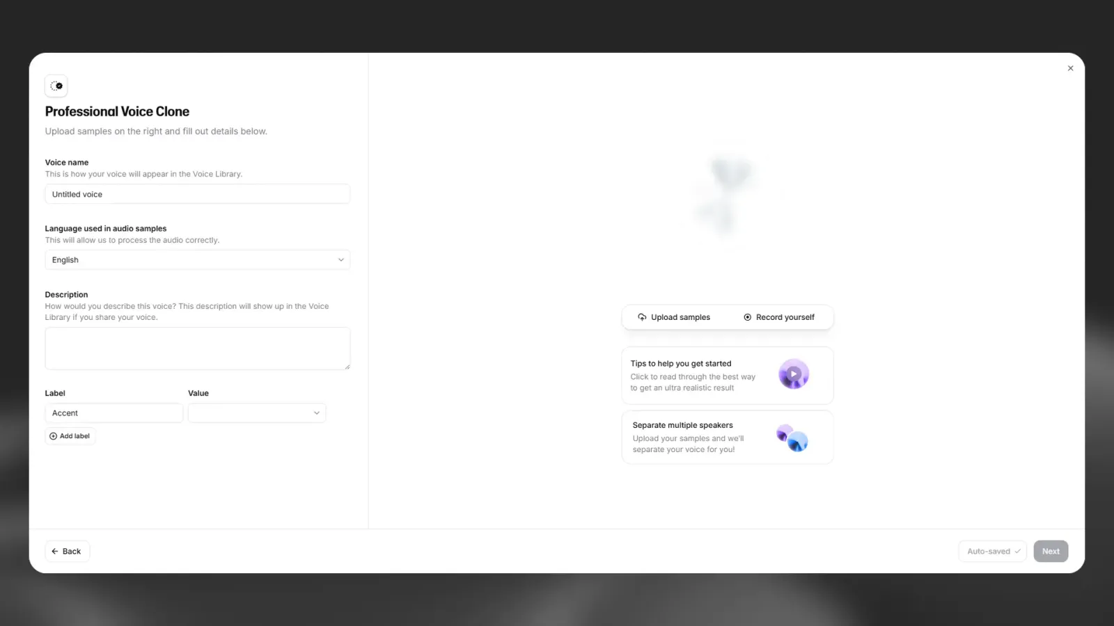 ElevenLabs Professional Voice Clone form with sample upload and recording options
