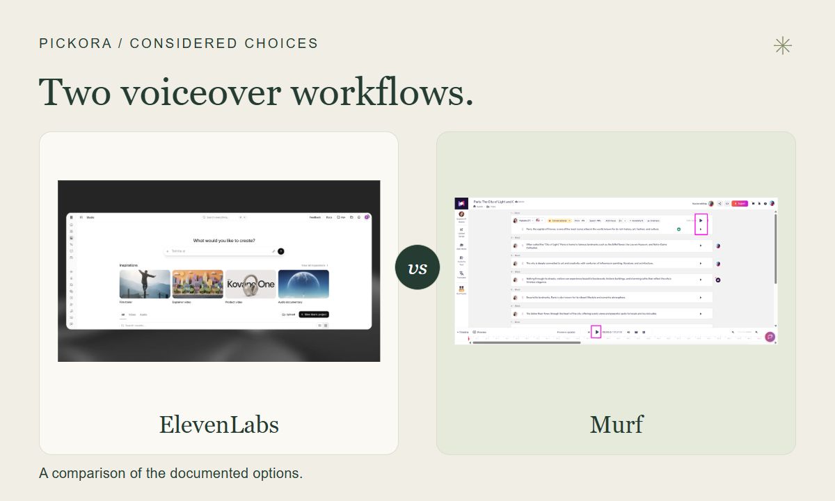 Pickora editorial comparison: ElevenLabs and Murf, shown together using official product images