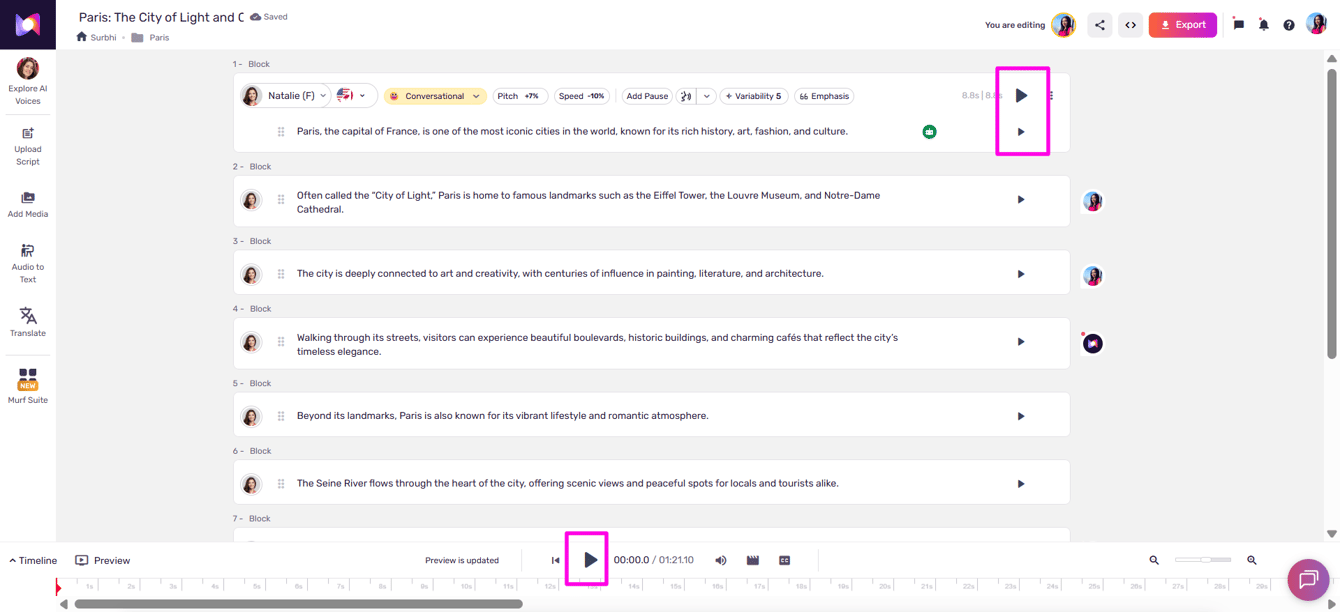 Murf Studio script blocks with voice controls and highlighted playback buttons