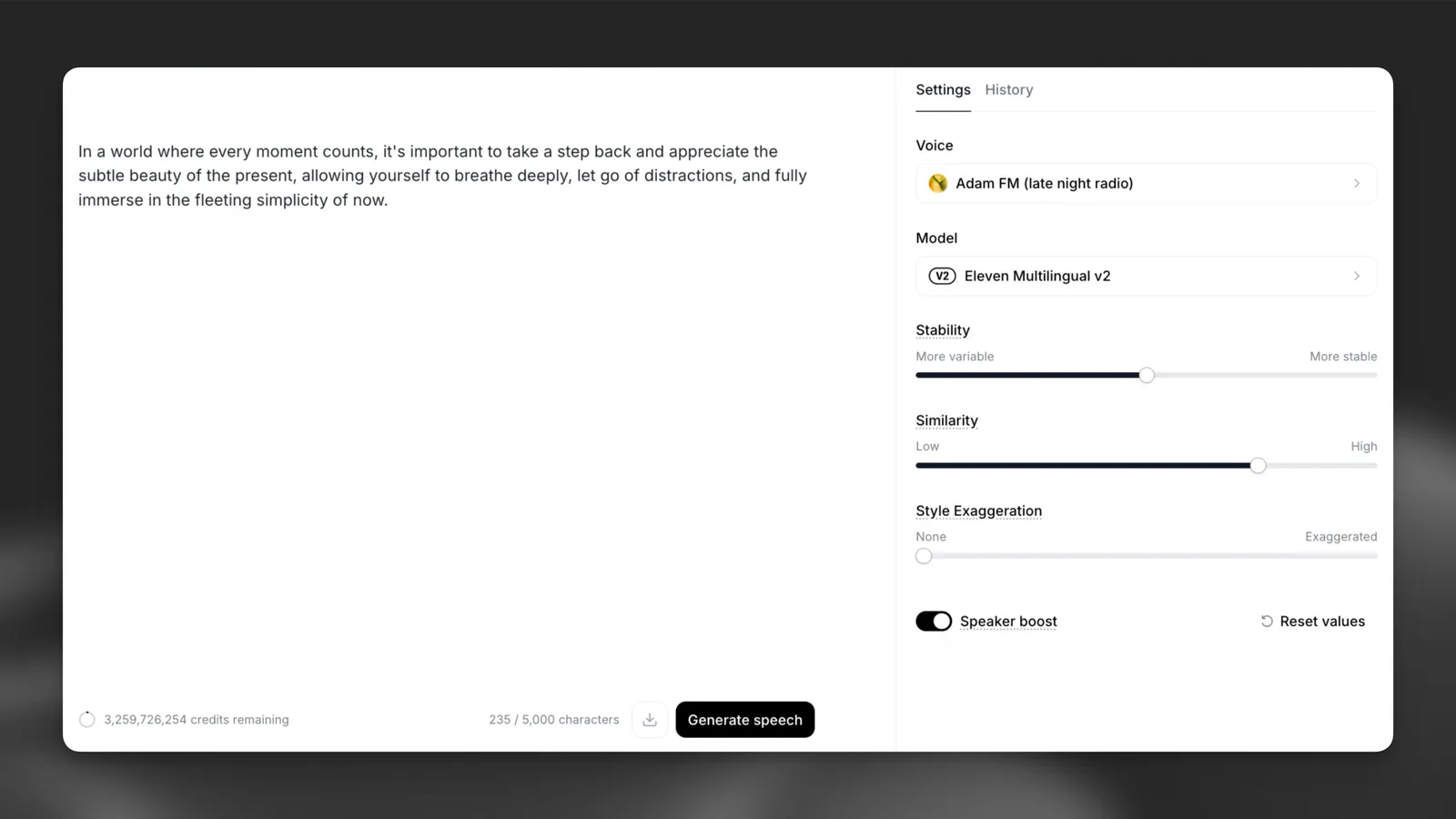 Official ElevenLabs Text to Speech documentation example showing text input, voice and model controls