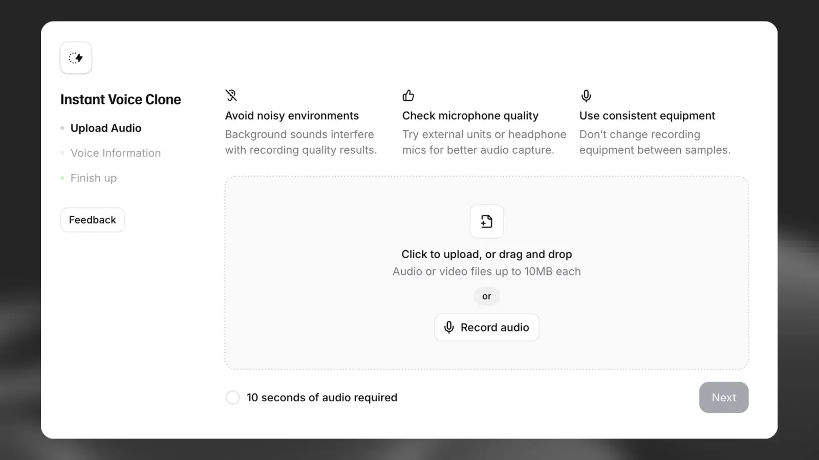 Official ElevenLabs Instant Voice Clone upload screen with recording-quality guidance.