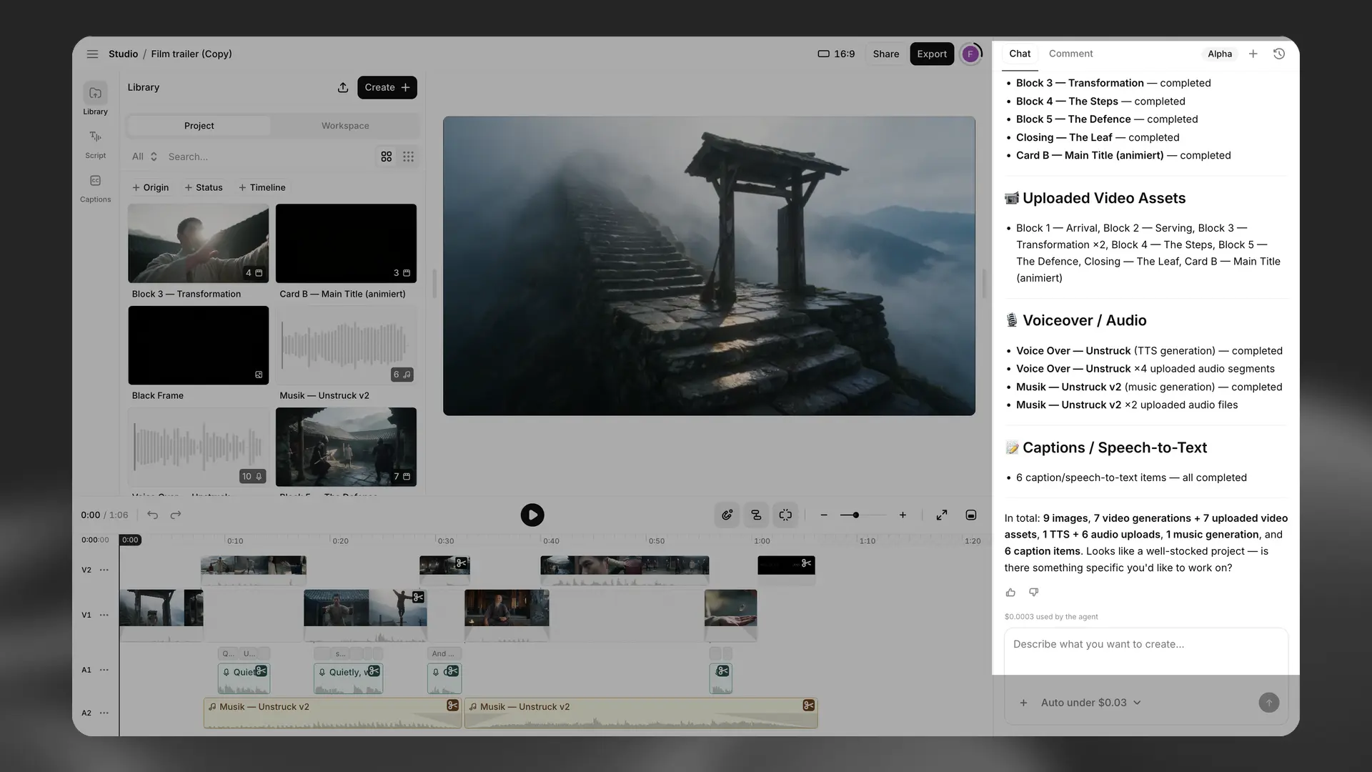 Official ElevenLabs Studio screenshot showing a video timeline and the Studio Agent chat panel.