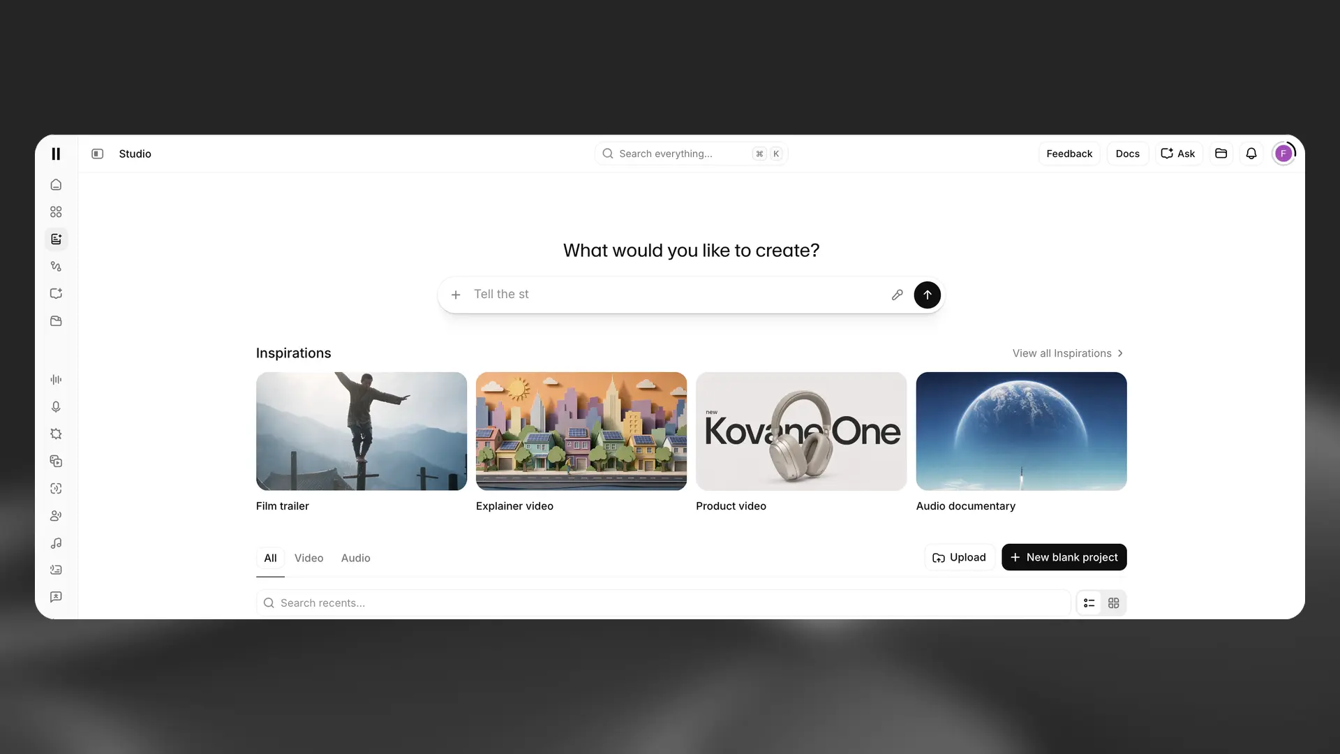 Official ElevenLabs Studio overview showing the project prompt and example inspirations.