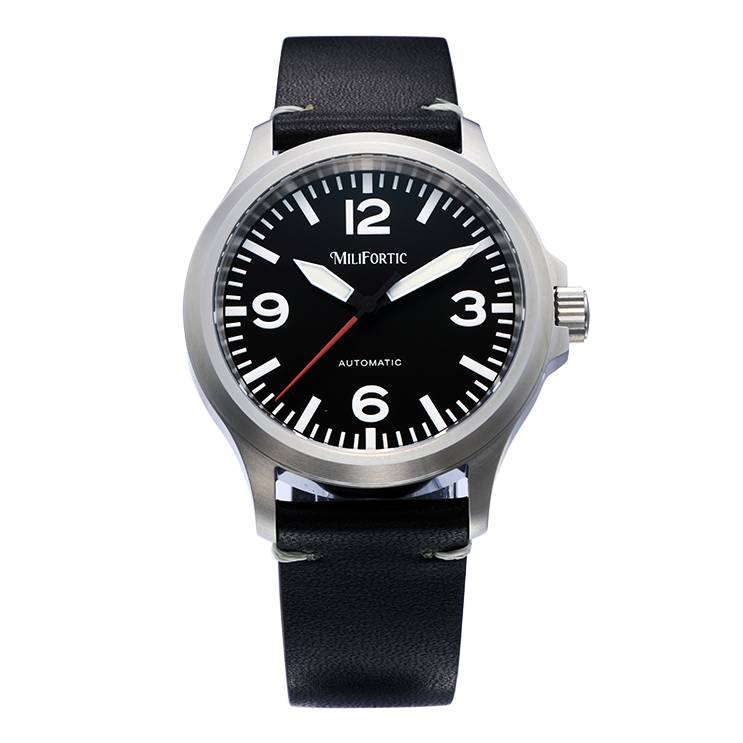 Official Milifortic M096 photograph showing a black dial, white numerals, red seconds hand and black leather strap.