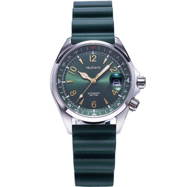 Official Milifortic S089 photograph with green dial, gold-tone markers, date magnifier, two crowns and green strap.