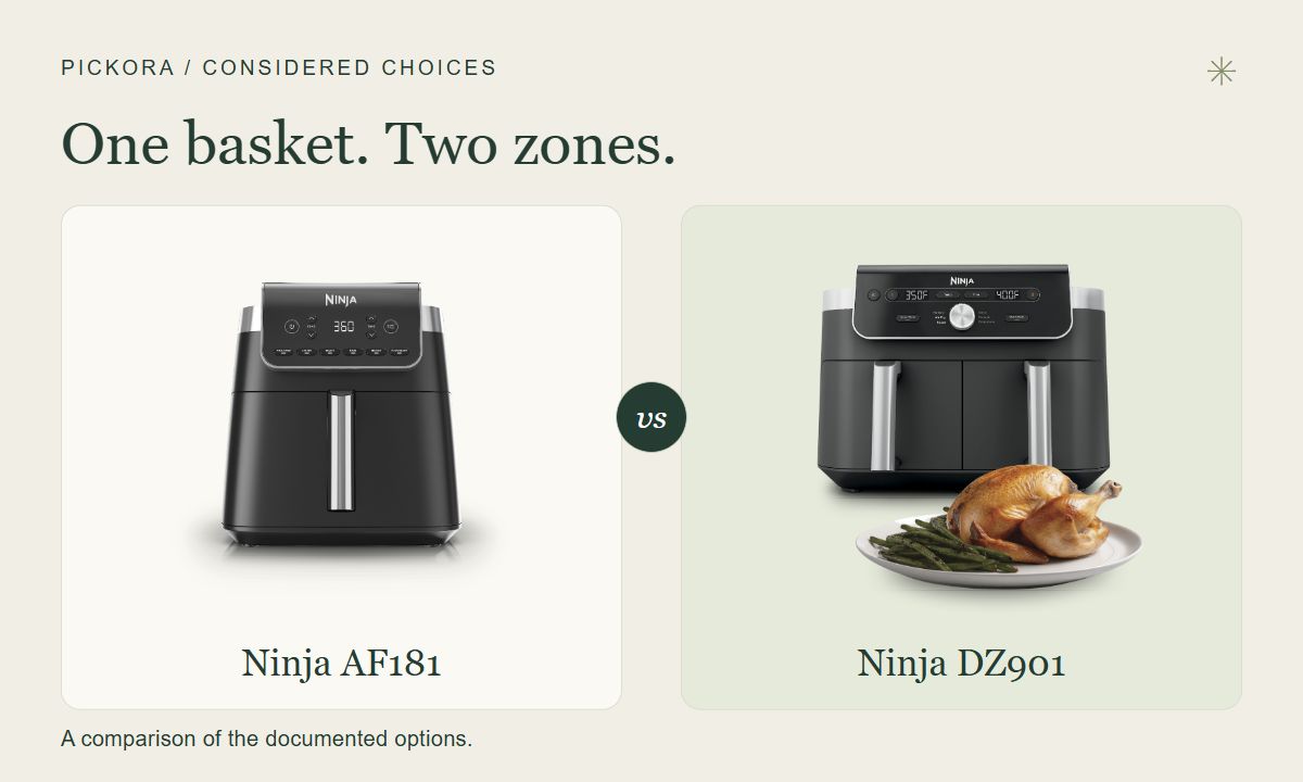 Pickora editorial comparison: Ninja AF181 and Ninja DZ901, shown together using official product images