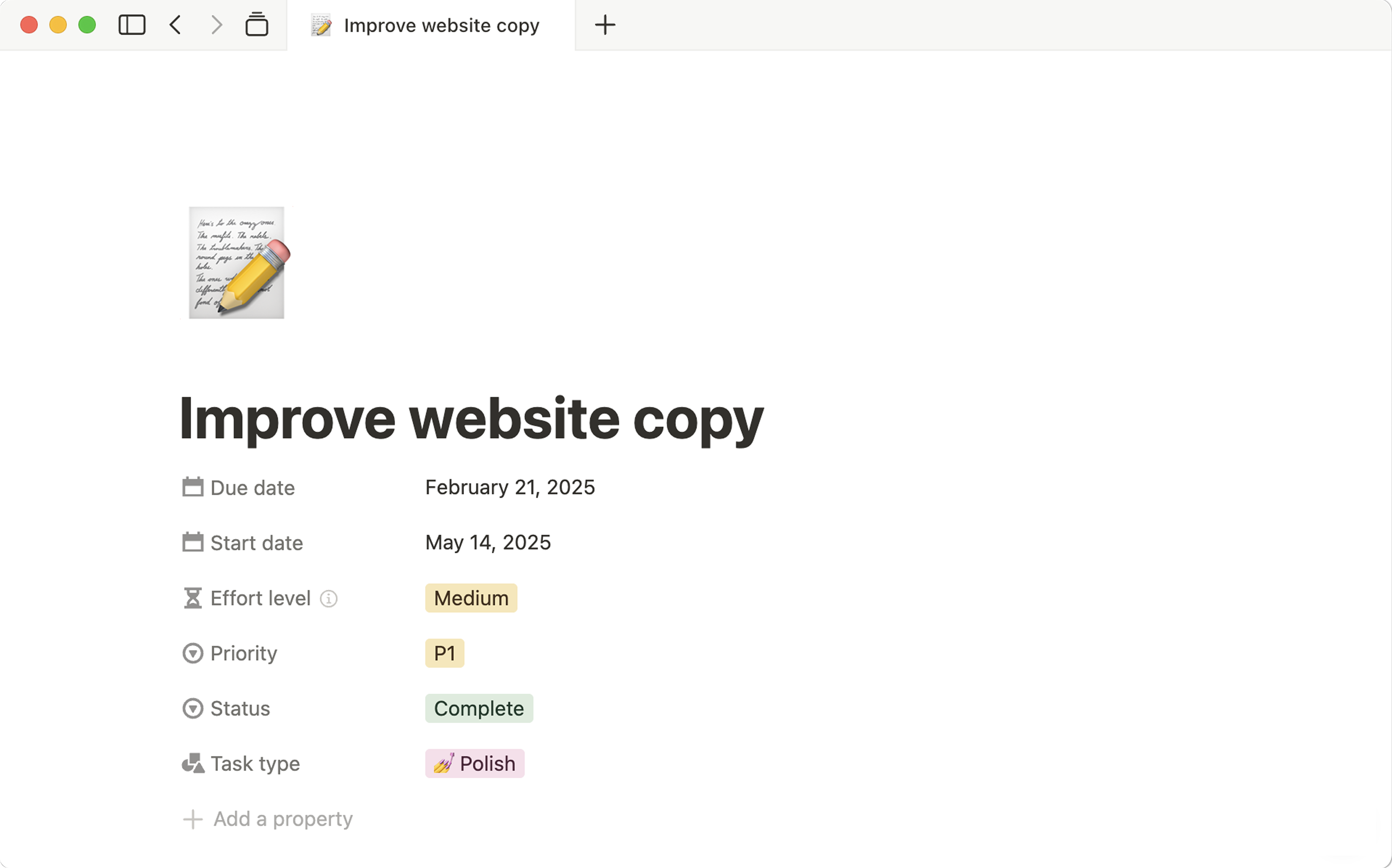 Notion’s official example of an opened database page with dates and other properties