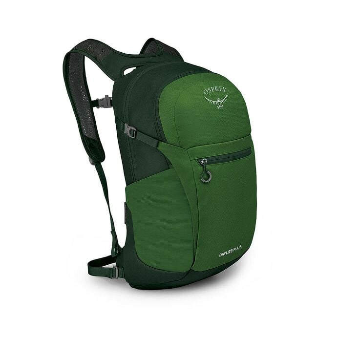 Green Osprey Daylite Plus backpack showing the front pockets and shoulder harness