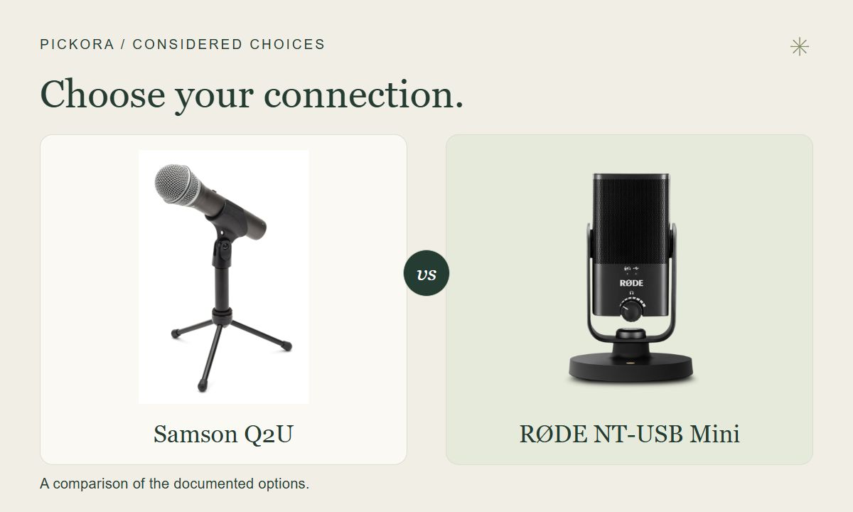 Pickora editorial comparison: Samson Q2U and RØDE NT-USB Mini, shown together using official product images
