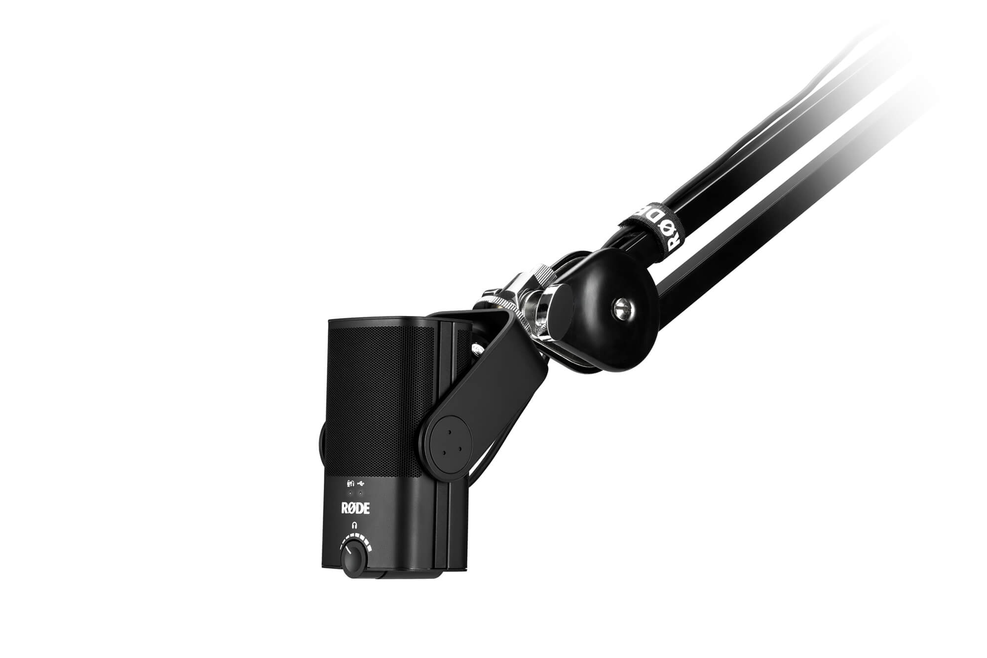 Official RØDE NT-USB Mini image mounted on a PSA1 arm; optional arm shown