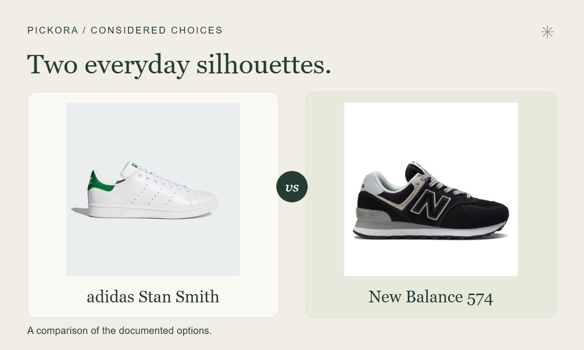 Pickora editorial comparison: adidas Stan Smith and New Balance 574, shown together using official product images